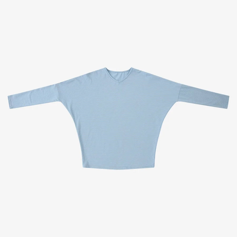 Striped Ribbed V-Neck Top with Batwing Sleeves