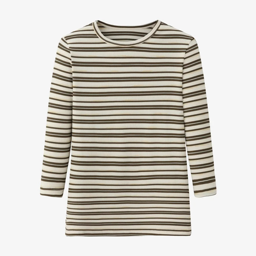 Striped Ribbed Top with 3/4 Sleeves (High Stretch Cotton Blend)