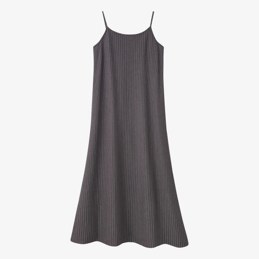 Pinstripe 4-Piece Autumn Set — Slip Dress, Knit Mockneck, Cable Knit, and Pleated Skirt