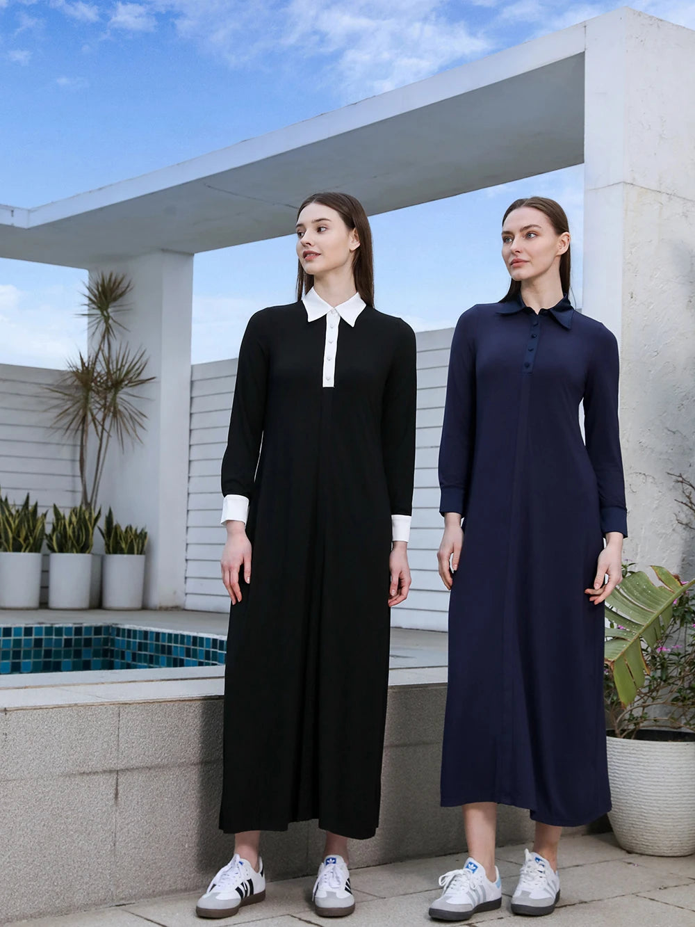 Modal Maxi Dress – Satin Patchwork Cuffs & Batwing Sleeves