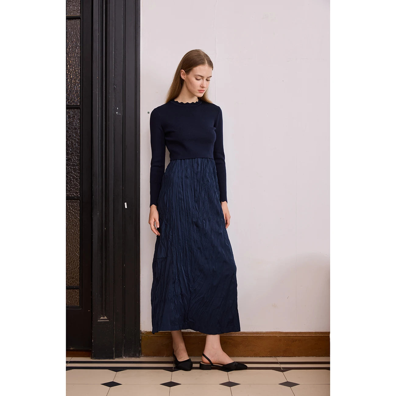 Crinkle Knit Maxi Dress – Patchwork Panel Design