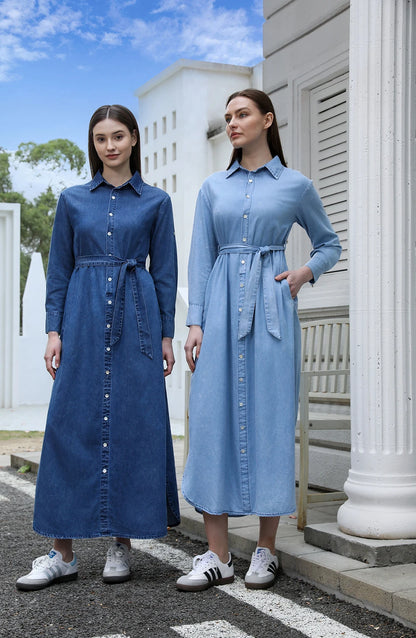 Denim Modest Maxi Shirt Dress – Belted Waist