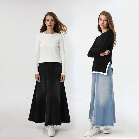 Ribbed Tee & Denim Maxi Skirt Set – Contrast Round Neck Modest Fit