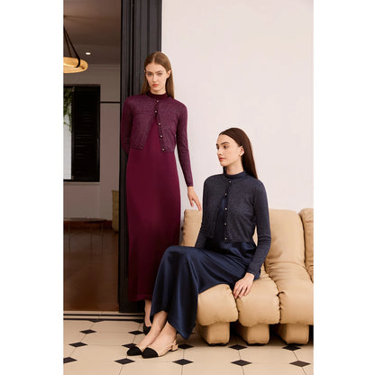 3-Piece Satin Maxi Dress Set – Mesh Inner Top + Modal Shirt + Shimmer Cardigan