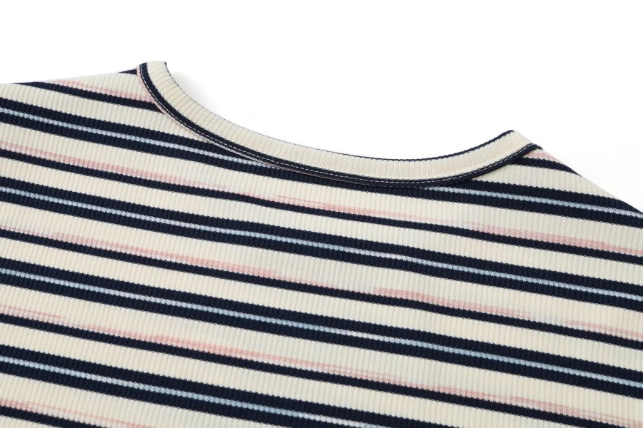 Striped Ribbed Top with 3/4 Sleeves (High Stretch Cotton Blend)