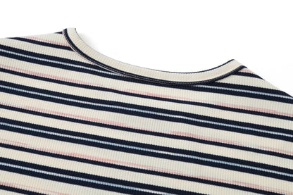Striped Ribbed Top with 3/4 Sleeves (High Stretch Cotton Blend)