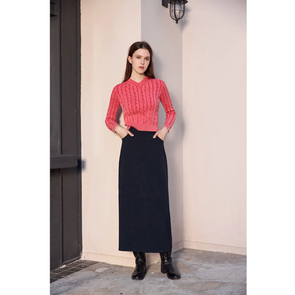 3-Piece Knit Sweater Set – Cable Knit Top + Stretch Skirt + Leather Skirt Option