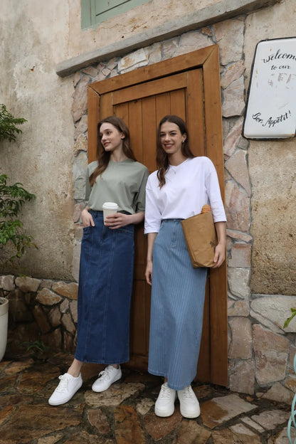 Pinstripe Denim Maxi Skirt (A-Line, Stretch Fit)