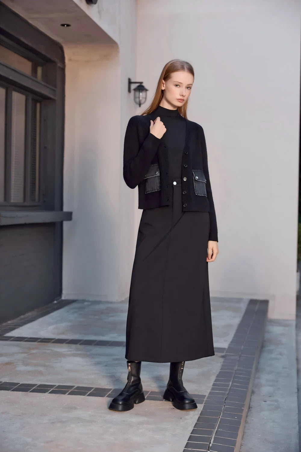 3-Piece Denim Dress Set – V-Neck Maxi Dress + Knit Cardigan + Inner Top