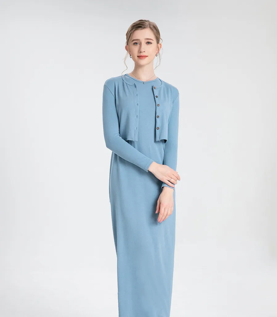 Ribbed Cardigan + Ankle-Length Maxi Dress Set (Natural Fiber Blend)