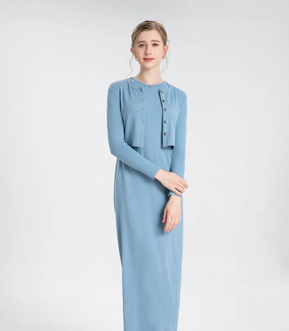 Ribbed Cardigan + Ankle-Length Maxi Dress Set (Natural Fiber Blend)