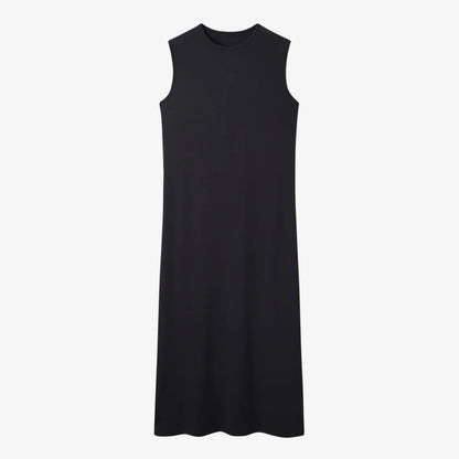 Ribbed Cardigan with Denim Collar + Sleeveless Maxi Dress Set