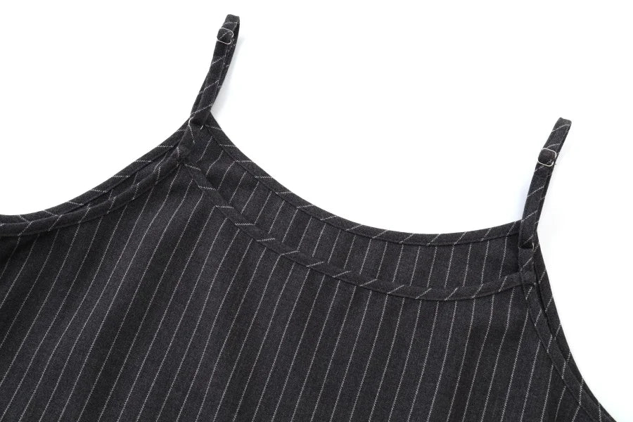 Pinstripe 4-Piece Autumn Set — Slip Dress, Knit Mockneck, Cable Knit, and Pleated Skirt