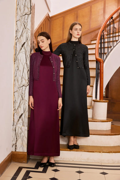 3-Piece Satin Maxi Dress Set – Mesh Inner Top + Modal Shirt + Shimmer Cardigan