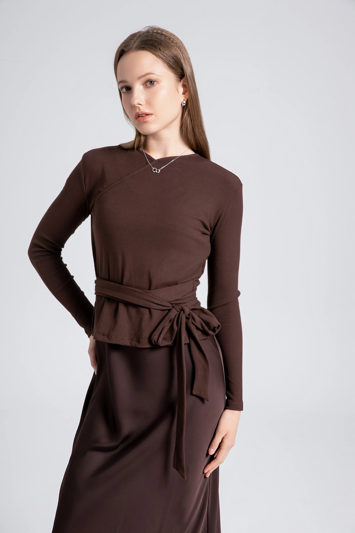 2-Piece Ribbed Wrap Top + Satin Slip Maxi Dress Set (Autumn Edition)