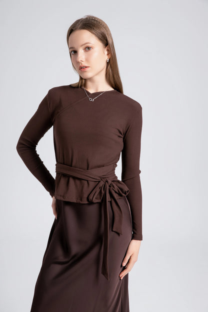 2-Piece Ribbed Wrap Top + Satin Slip Maxi Dress Set (Autumn Edition)