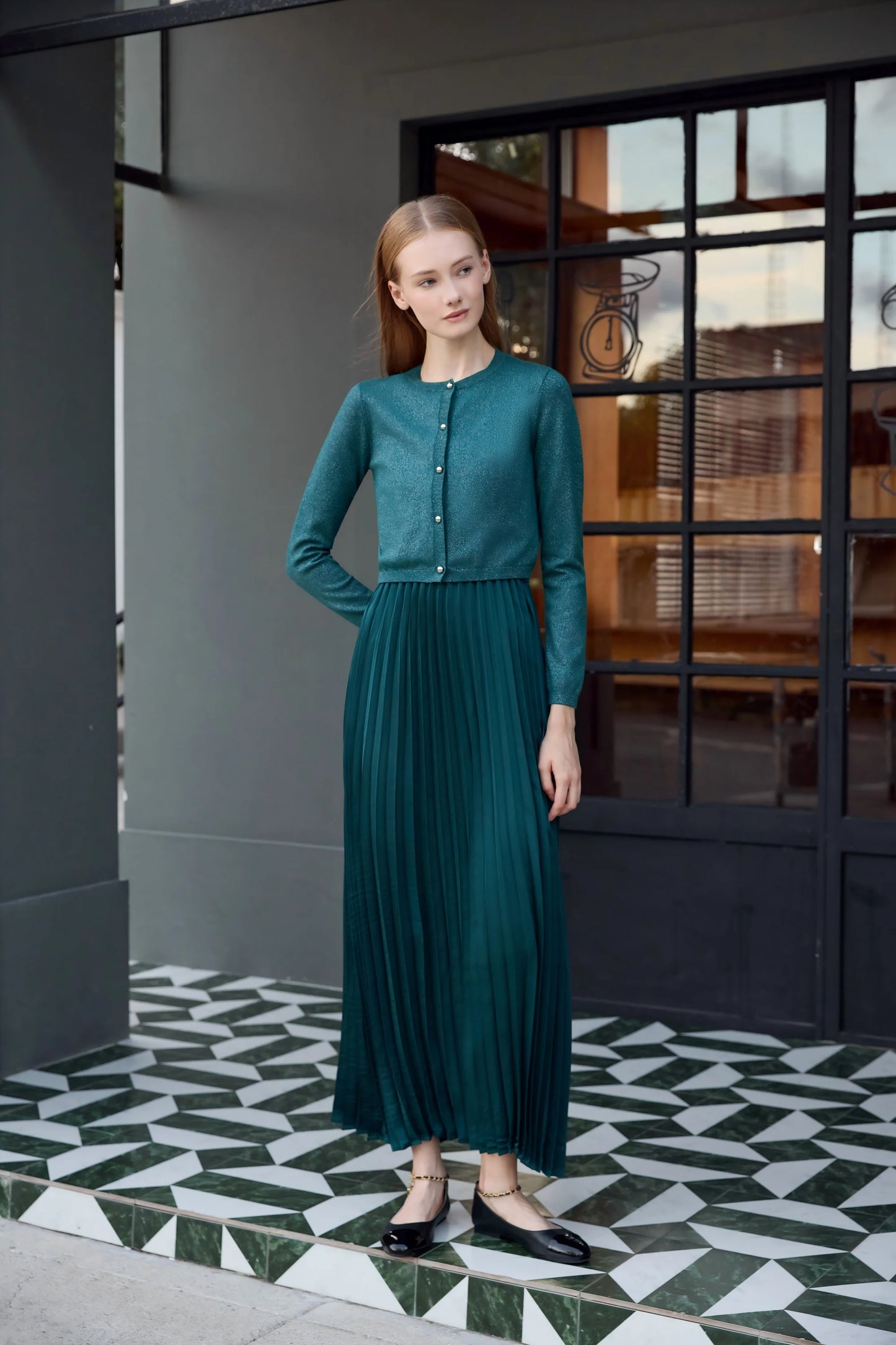 2-Piece Satin Pleated Slip Dress with Shimmer Cardigan