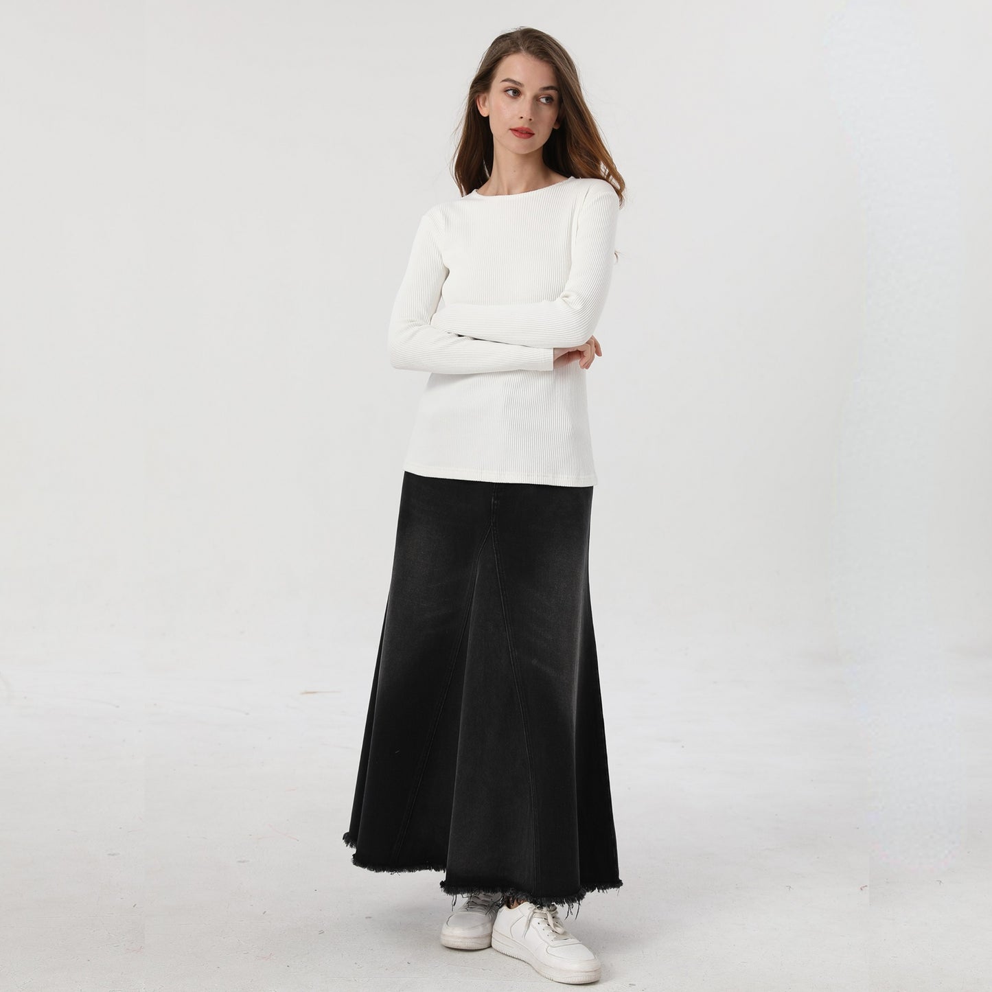 Ribbed Tee & Denim Maxi Skirt Set – Contrast Round Neck Modest Fit
