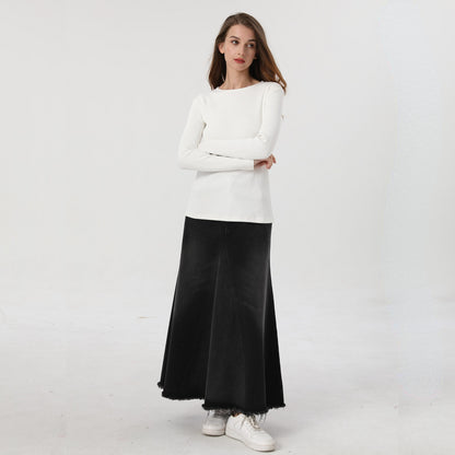 Ribbed Tee & Denim Maxi Skirt Set – Contrast Round Neck Modest Fit