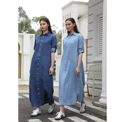 Denim Modest Maxi Shirt Dress – Belted Waist