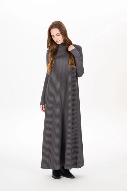 Pinstripe 4-Piece Autumn Set — Slip Dress, Knit Mockneck, Cable Knit, and Pleated Skirt