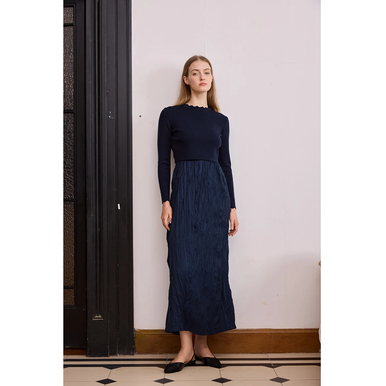 Crinkle Knit Maxi Dress – Patchwork Panel Design