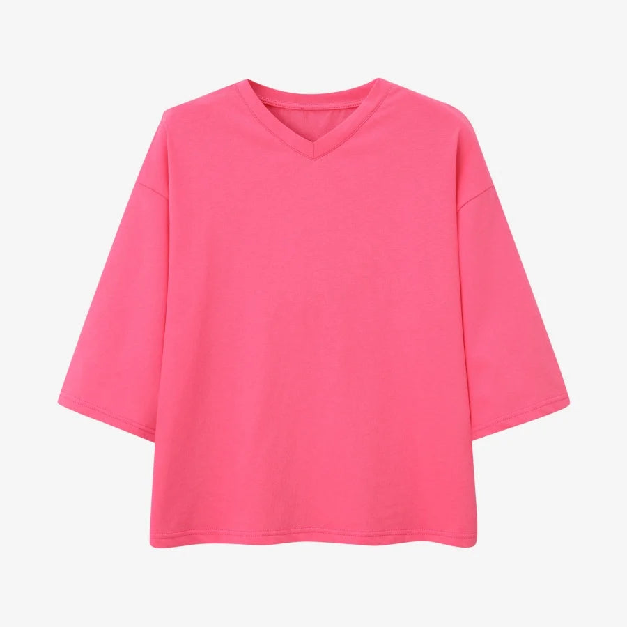 Loose Boxy V-Neck Tee with Drop Sleeves (Cotton Blend)