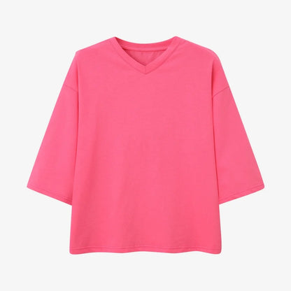 Loose Boxy V-Neck Tee with Drop Sleeves (Cotton Blend)