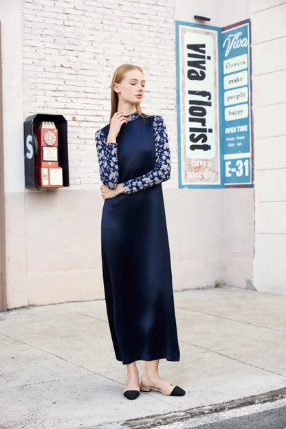 Printed Satin Maxi Dress Set – Mesh Inner Top + Knitted Vest (3-Piece Set)