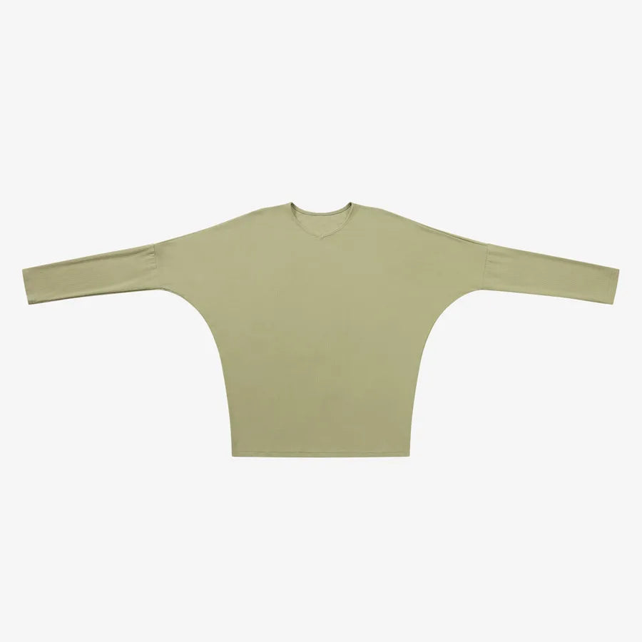 Loose Ribbed V-Neck Top with Batwing Sleeves (High-Stretch Cotton Blend)