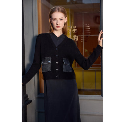 3-Piece Denim Dress Set – V-Neck Maxi Dress + Knit Cardigan + Inner Top