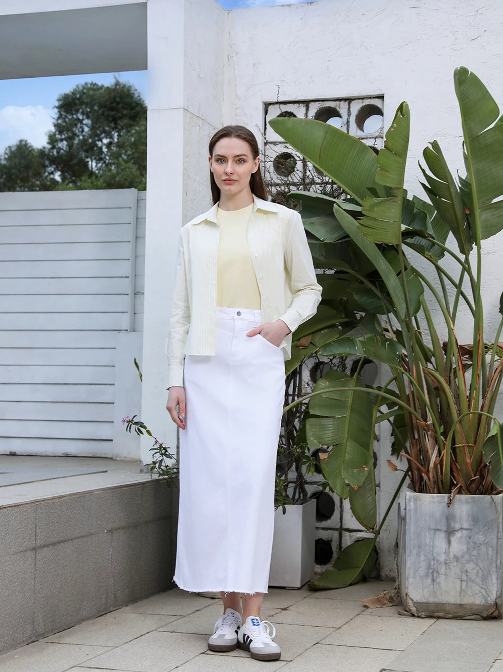 Printed Cotton Blouse & Denim Maxi Skirt Set – Sleeveless Modest Fit