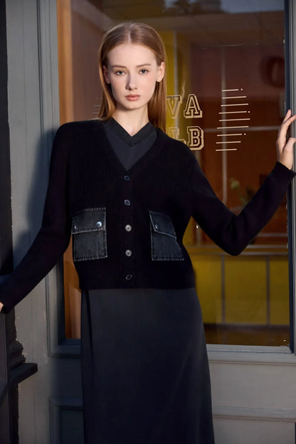 3-Piece Denim Dress Set – V-Neck Maxi Dress + Knit Cardigan + Inner Top