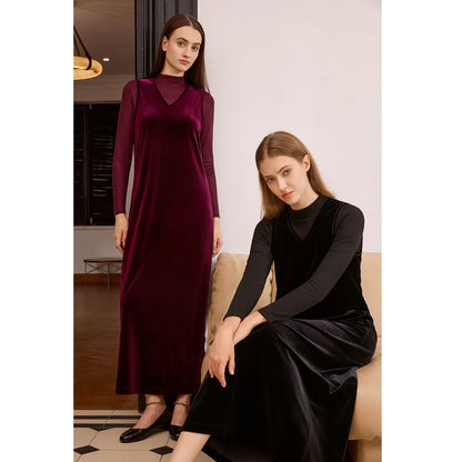 Elegant Velvet V-Neck Maxi Dress – Long Sleeve Modest Fit