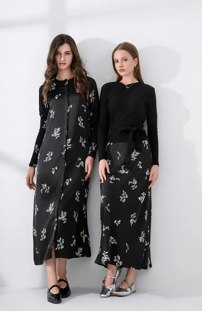 2-Piece Ribbed Wrap Top + Satin Slip Maxi Dress Set (Autumn Edition)