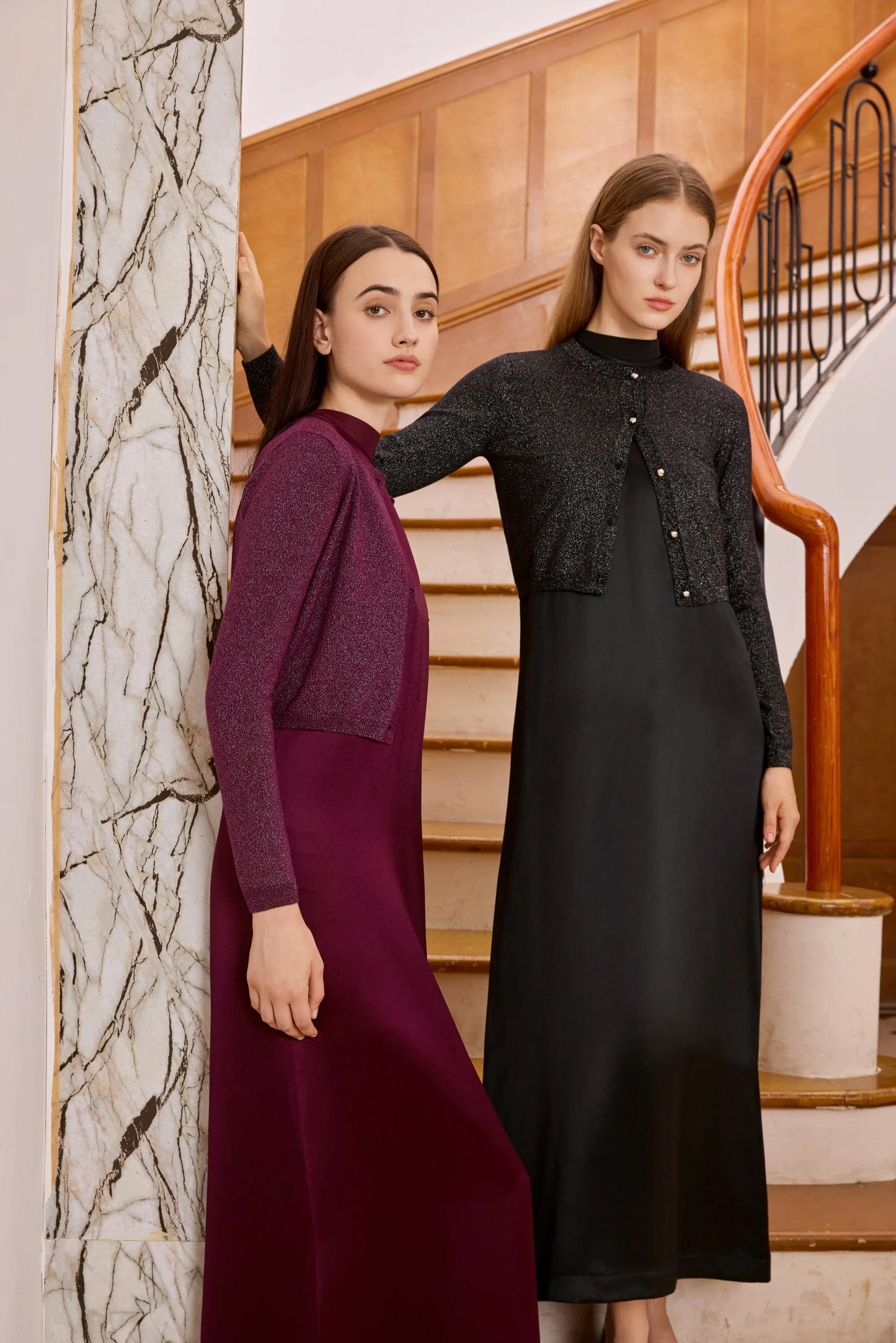 3-Piece Satin Maxi Dress Set – Mesh Inner Top + Modal Shirt + Shimmer Cardigan