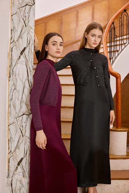 3-Piece Satin Maxi Dress Set – Mesh Inner Top + Modal Shirt + Shimmer Cardigan