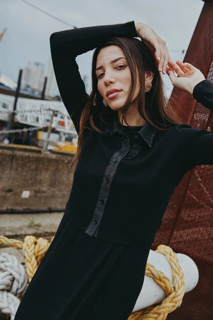 Ribbed Cardigan with Denim Collar + Sleeveless Maxi Dress Set