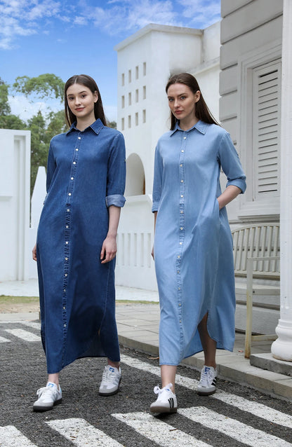 Denim Modest Maxi Shirt Dress – Belted Waist