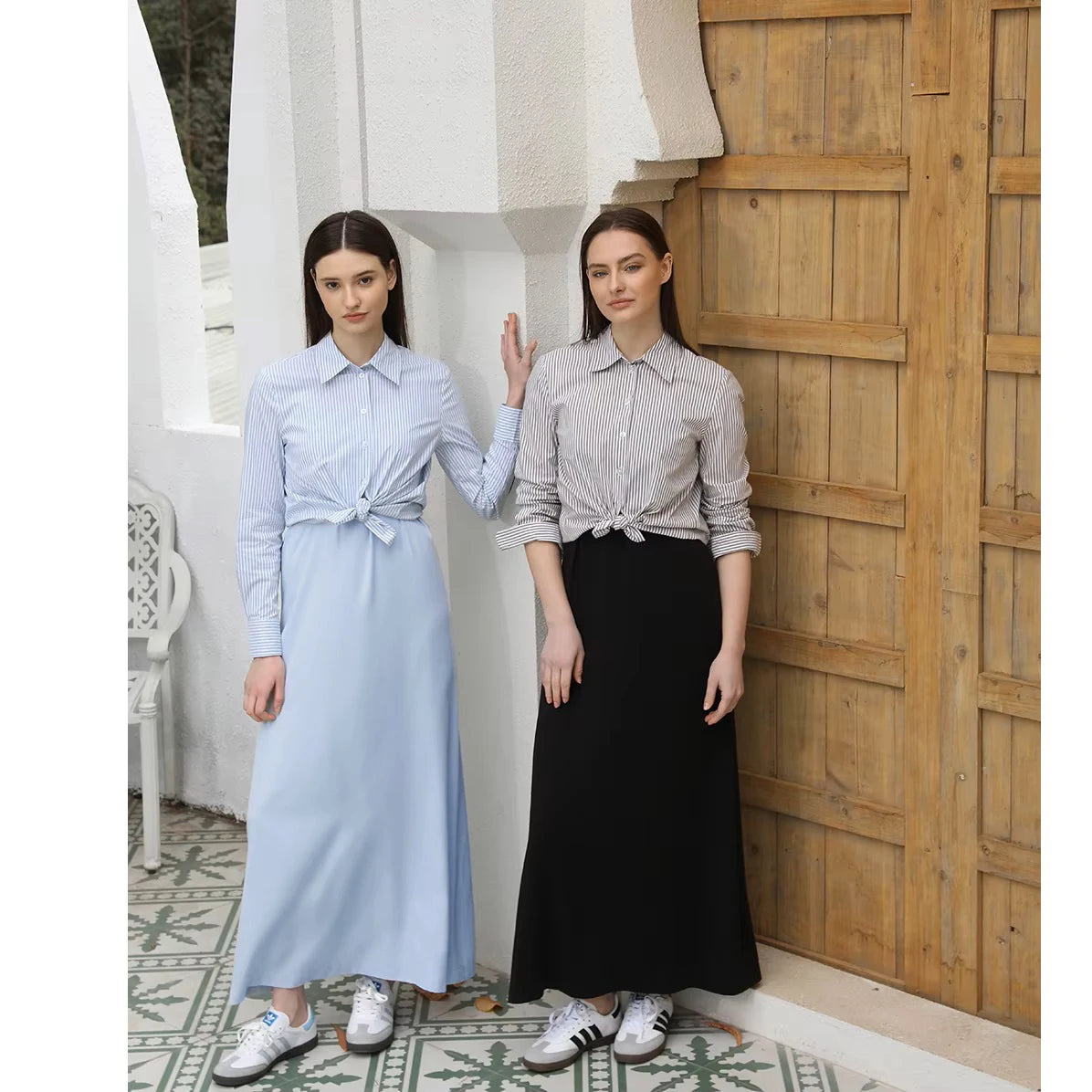 Stripe Blouse & Tencel Slip Dress Set – Modest Two-Piece Spring Fit