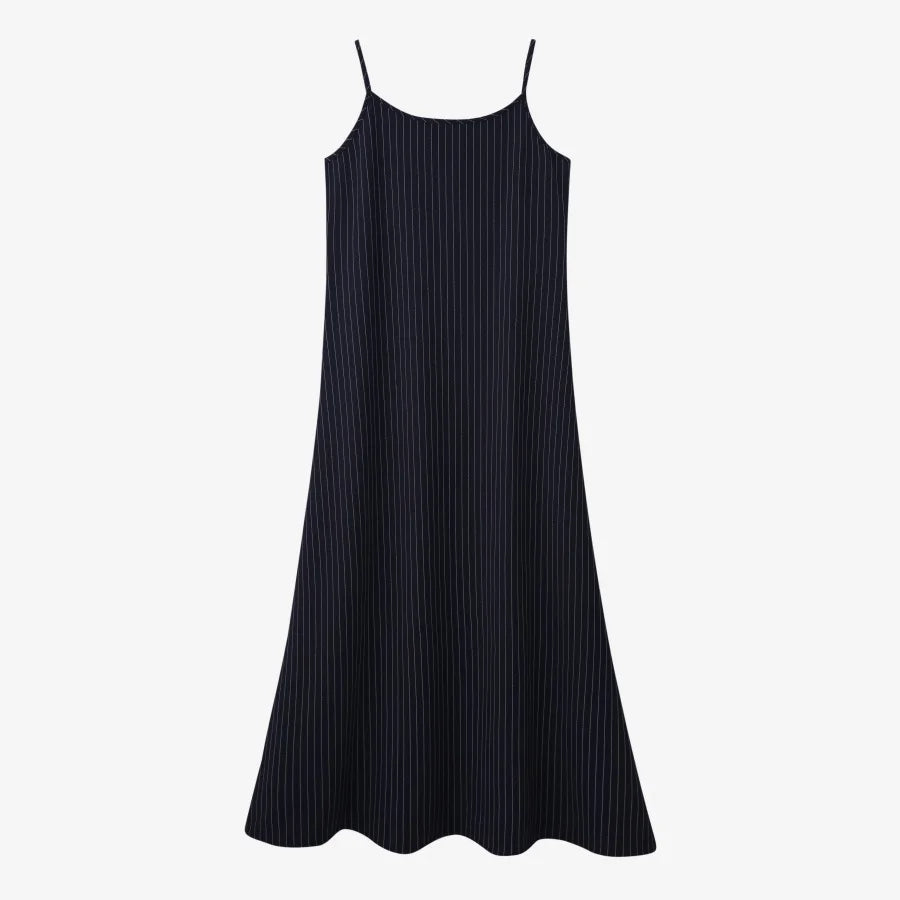 Pinstripe 4-Piece Autumn Set — Slip Dress, Knit Mockneck, Cable Knit, and Pleated Skirt