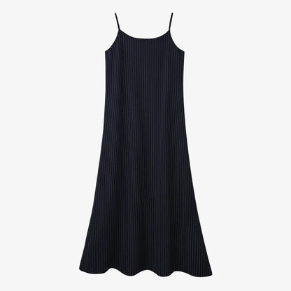 Pinstripe 4-Piece Autumn Set — Slip Dress, Knit Mockneck, Cable Knit, and Pleated Skirt