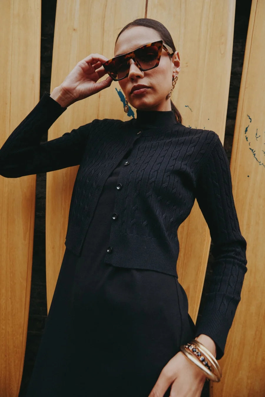 Cable-Knit Cardigan + Ribbed Mockneck Maxi Dress Set