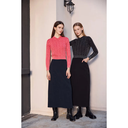 3-Piece Knit Sweater Set – Cable Knit Top + Stretch Skirt + Leather Skirt Option