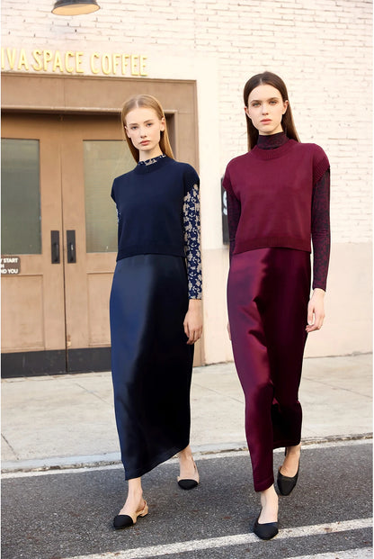 Printed Satin Maxi Dress Set – Mesh Inner Top + Knitted Vest (3-Piece Set)