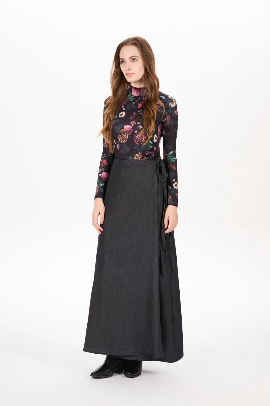 Denim Wrap Skirt (Adjustable Waist, Ankle-Length)