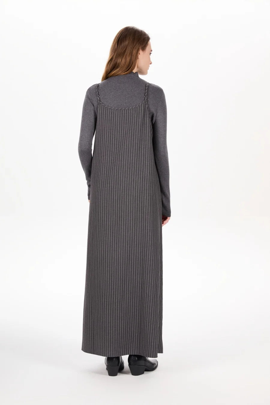 Pinstripe 4-Piece Autumn Set — Slip Dress, Knit Mockneck, Cable Knit, and Pleated Skirt