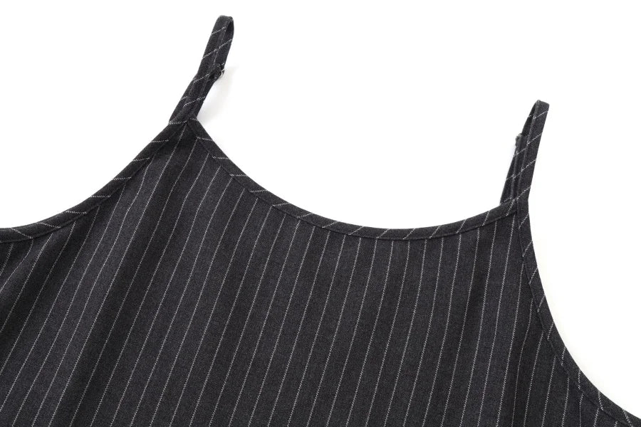 Pinstripe 4-Piece Autumn Set — Slip Dress, Knit Mockneck, Cable Knit, and Pleated Skirt