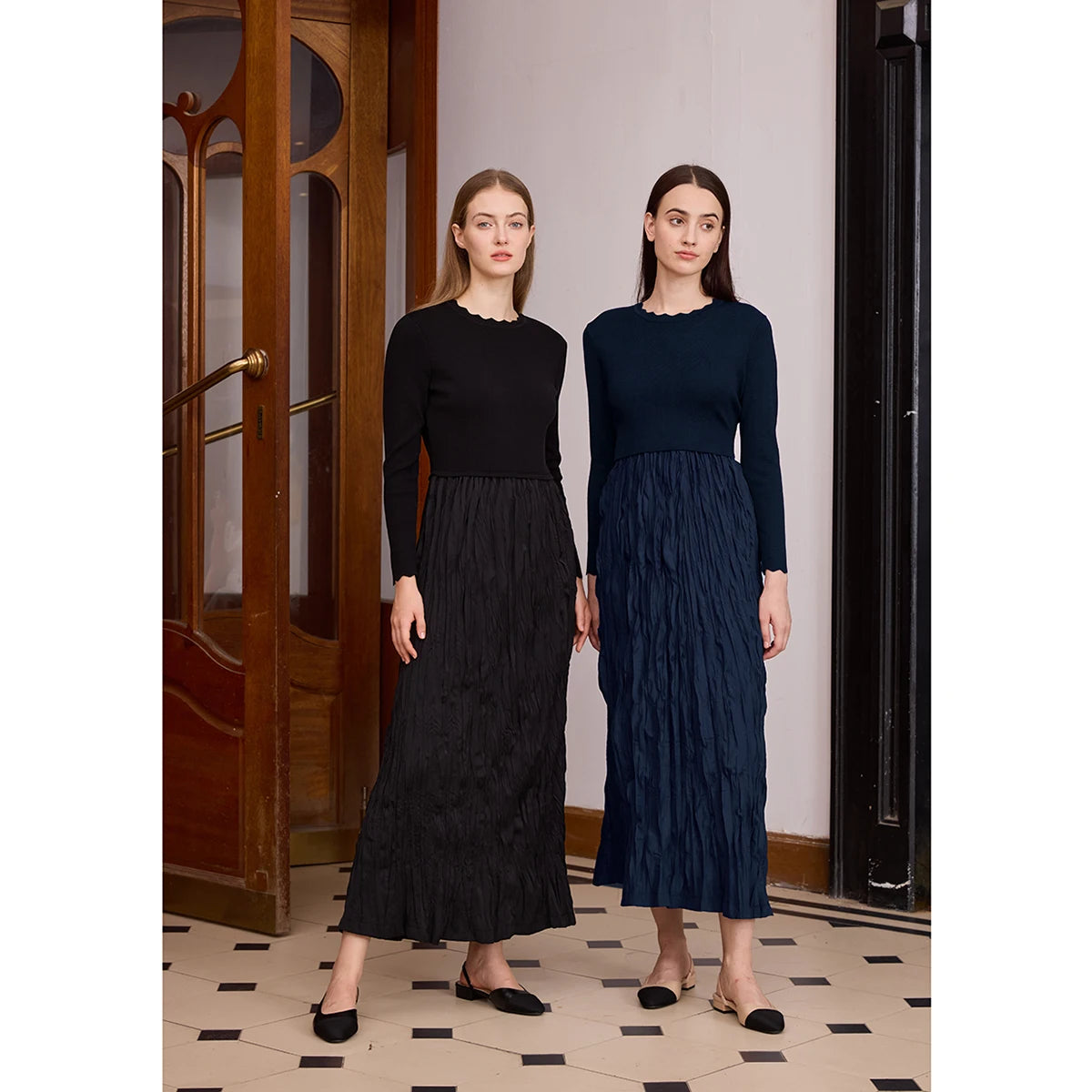 Crinkle Knit Maxi Dress – Patchwork Panel Design