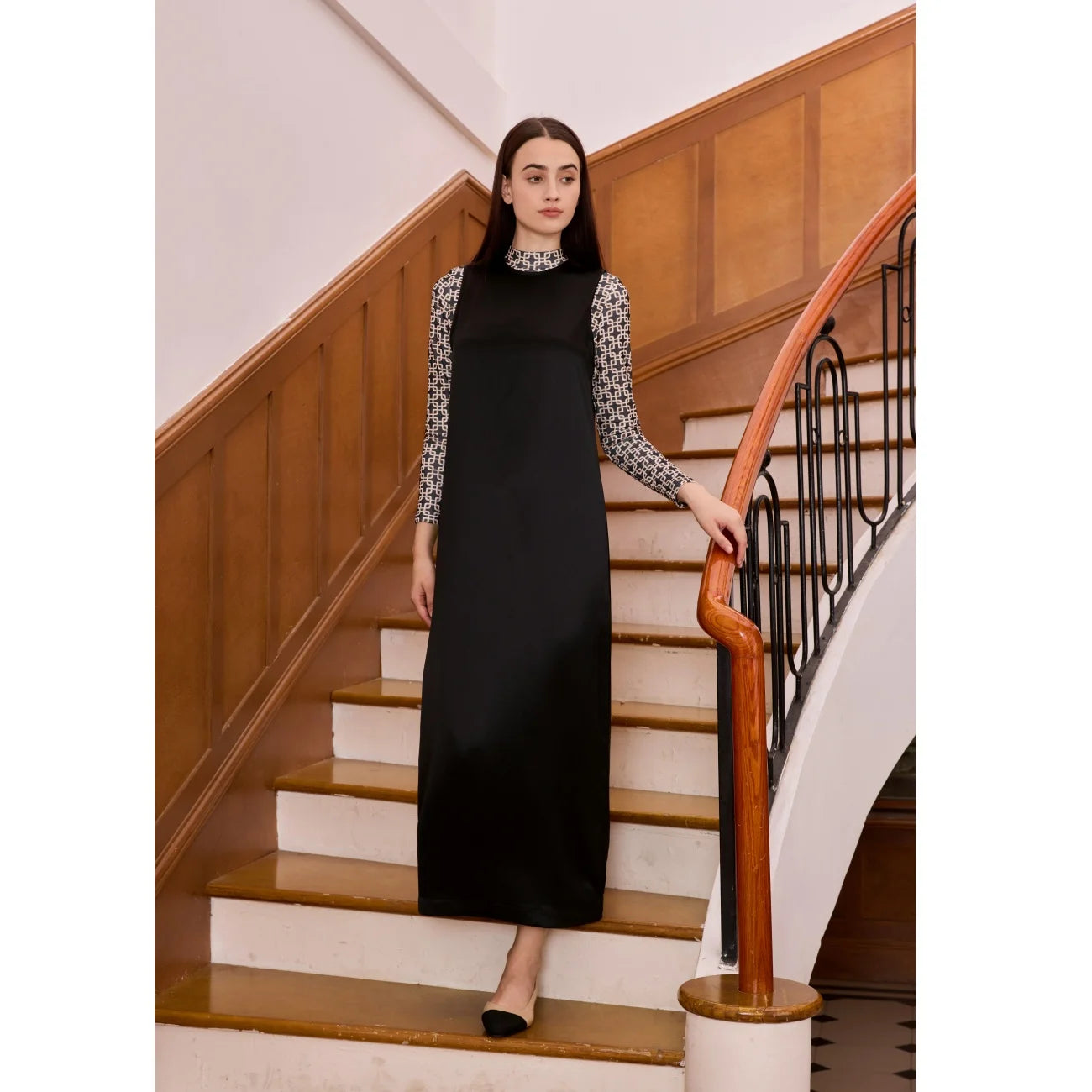 Printed Satin Maxi Dress Set – Mesh Inner Top + Knitted Vest (3-Piece Set)